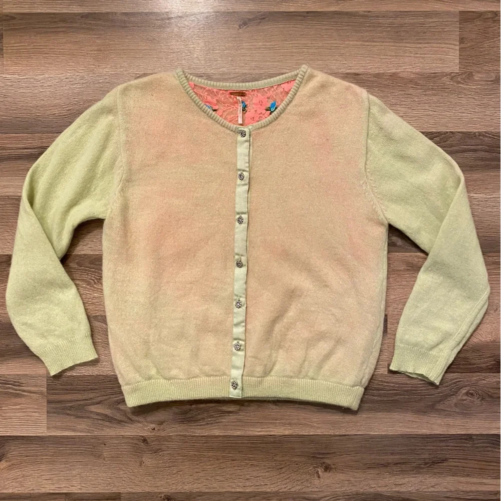 Free People Pale Lime Green Wool and Hot Pink Lace Lined Button-Up Cardigan